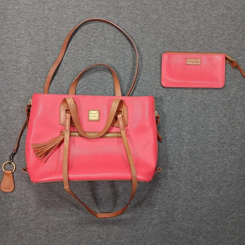 Dooney & Bourke Saffiano Leather Tote Bag Coral Pink Tassel Zip Pocket Wristlet